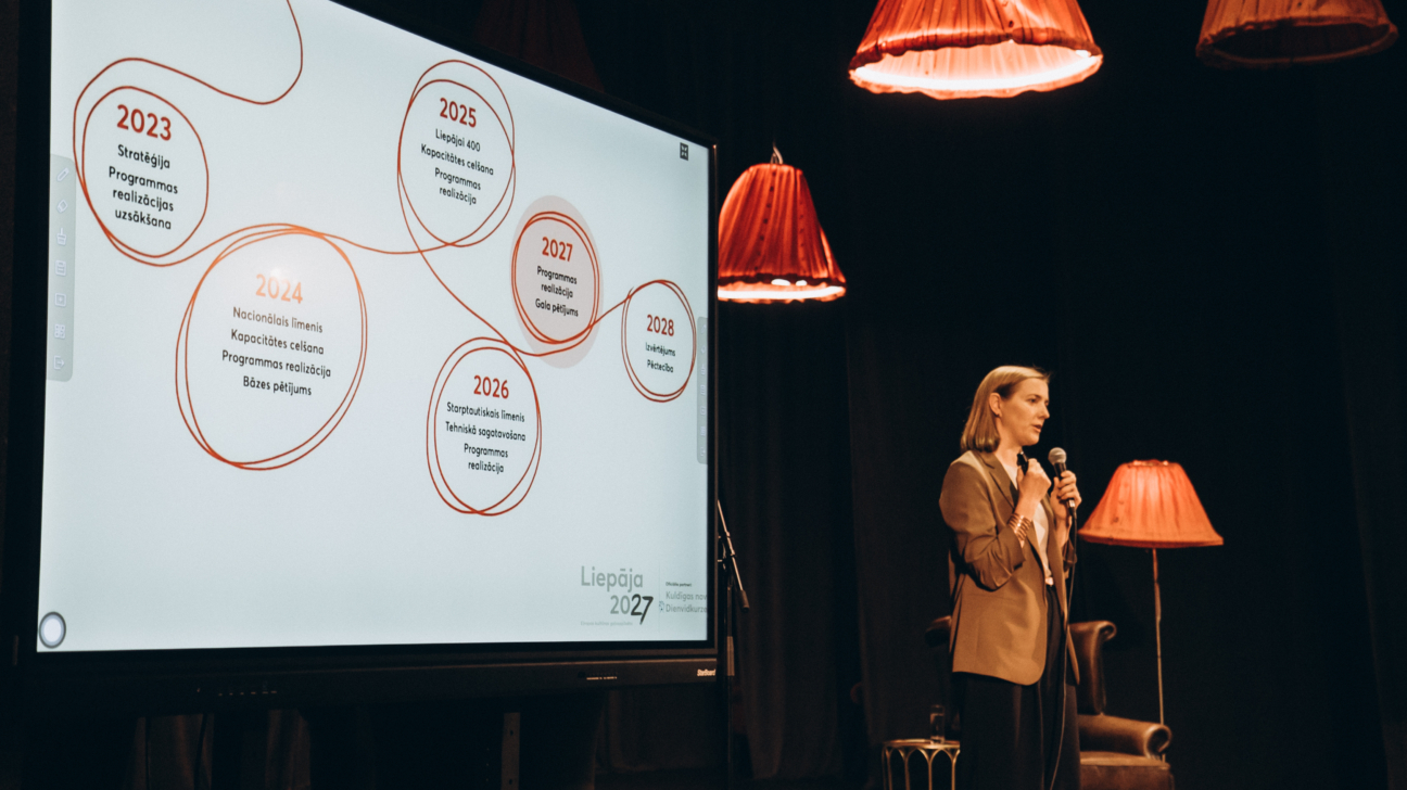 Uz skatuves notiek prezentācija. Sieviete stāv pie mikrofona un runā auditorijai, blakus atrodas liels ekrāns ar redzamu laika līniju par Liepāja 2027 programmas īstenošanas posmiem no 2023. līdz 2028. gadam. Ekrānā atzīmēti galvenie mērķi un darbības – stratēģija, kapacitātes celšana, starptautiska sagatavošanās, programmas realizācija un gala pētījums. Skatuves fonu veido tumšs aizkars un dekoratīvas sarkanīgi oranžas lampas ar abažūriem