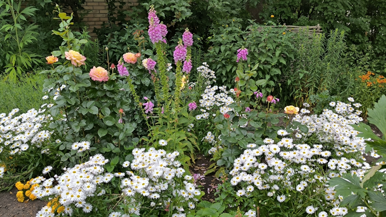 Krāšņs dārzs ar daudzkrāsainiem ziediem: baltām margrietiņām, augstām rozā uzpirkstītēm, dzeltenām un persiku krāsas rozēm, ko ieskauj zaļi apstādījumi.