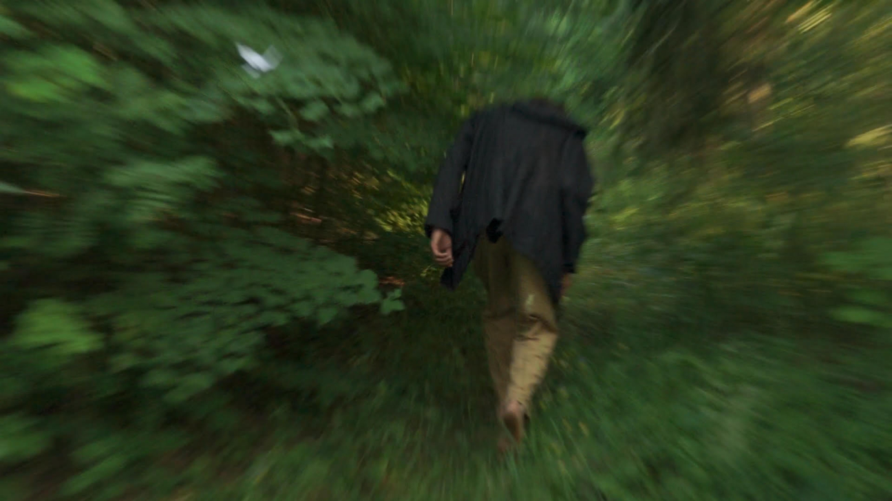 Cilvēks tumšā jakā un gaišās biksēs iet cauri zaļiem krūmiem vai mežam, attēlu raksturo kustības izplūdums.