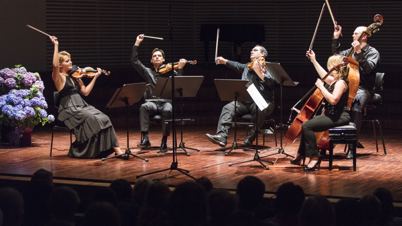 Uz skatuves sēž seši mūziķi, spēlējot stīgu instrumentus: trīs vijoles, čellu un kontrabasu. Visi tur paceltus lociņus. Skatuves kreisajā pusē ir liels zilu hortenziju pušķis, bet priekšplānā redzami tumši publikas silueti.