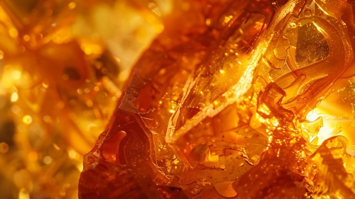 Tuvplānā redzams dzintara gabals ar siltu zeltaini oranžu spīdumu, caur kuru laužas gaisma, izceļot tekstūru un ieslēgumus