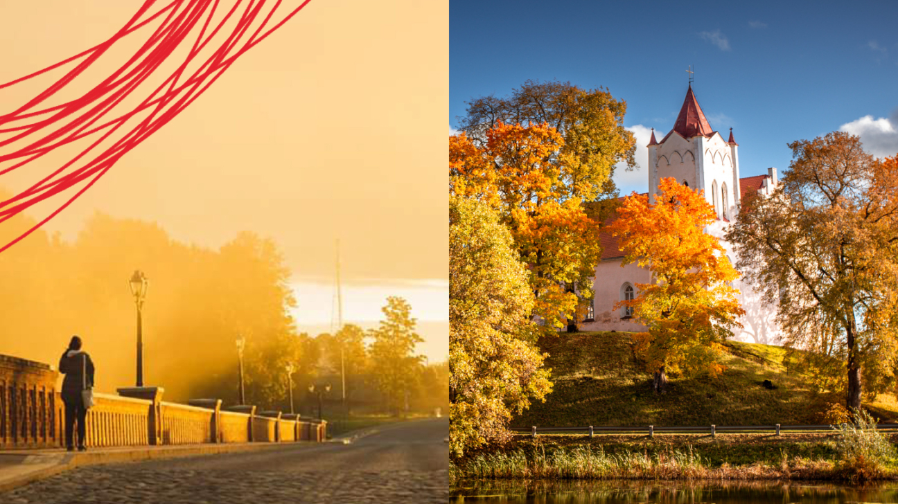 Divdaļīgs attēls. Kreisajā pusē cilvēks zeltainā rīta miglā iet pa bruģētu tiltu, augšējā kreisajā stūrī redzamas sarkanas, abstraktas līnijas. Labajā pusē balta baznīca ar sarkanu jumtu un torni, ko ieskauj koši dzelteni un oranži rudens koki, atrodas pie ūdenskrātuves.