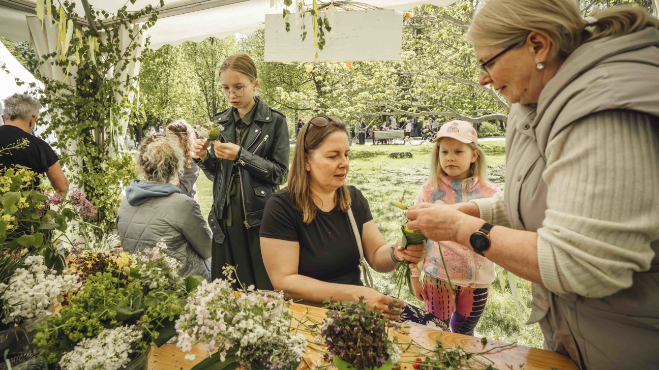 Vairākas sievietes un maza meitene piedalās āra darbnīcā, veidojot dekorācijas no ziediem un augiem. Uz koka galda ir izlikti dažādi ziedi un zaļumi, ko viņas izmanto. Vecāka sieviete palīdz un māca pārējiem dalībniekiem.