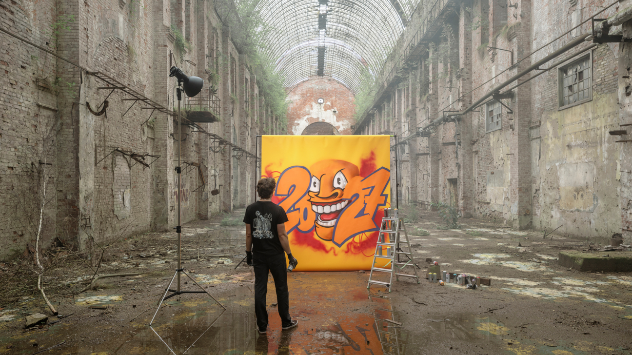 Cilvēks stāv plašā pamestā industriālā hallē, skatoties uz lielu dzeltenu audeklu ar multfilmas seju un grafiti skaitļiem "2024". Dubļainā grīda atspoguļo ainu.