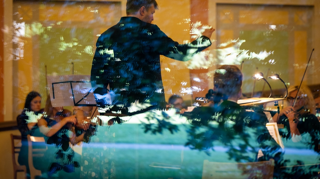Diriģents no mugurpuses, paceļot roku, vada orķestri. Aina redzama caur stiklu, kurā pārklājas zaļu lapu atspulgi. Apkārt sēž mūziķi ar vijolēm un nošu statīviem; uz viena statīva redzams uzraksts "ГР".